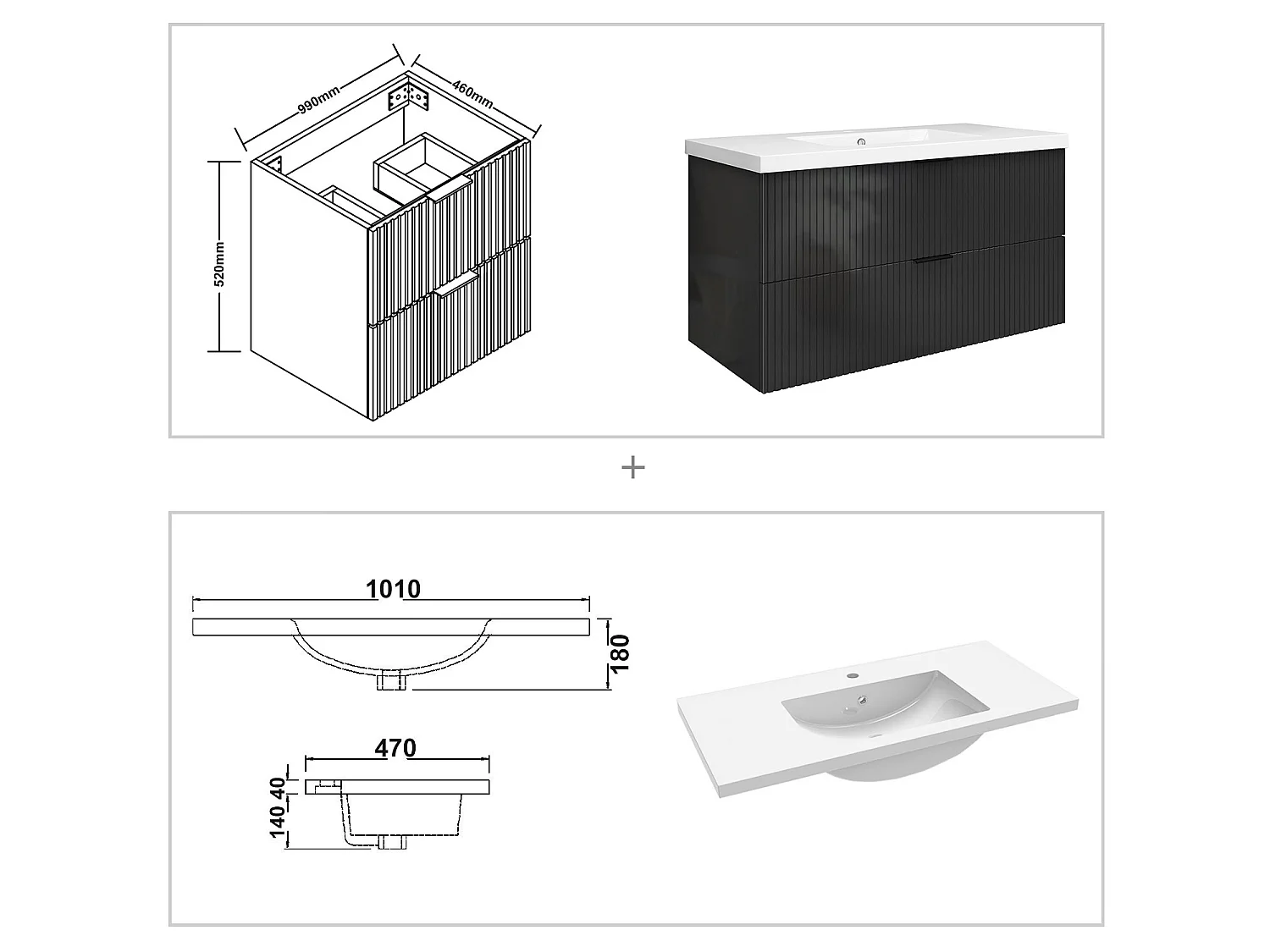 Meuble de salle de bain suspendu Strié Brillant 100cm avec simple vasque + 2 tiroirs, Anthracite
