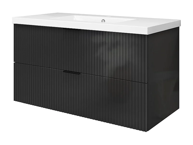 Meuble de salle de bain suspendu Strié Brillant 100cm avec simple vasque + 2 tiroirs, Anthracite