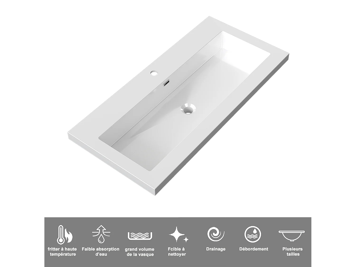 Meuble de salle de bain suspendu Brillant 100cm avec simple lavabo + 2 tiroirs, Noir