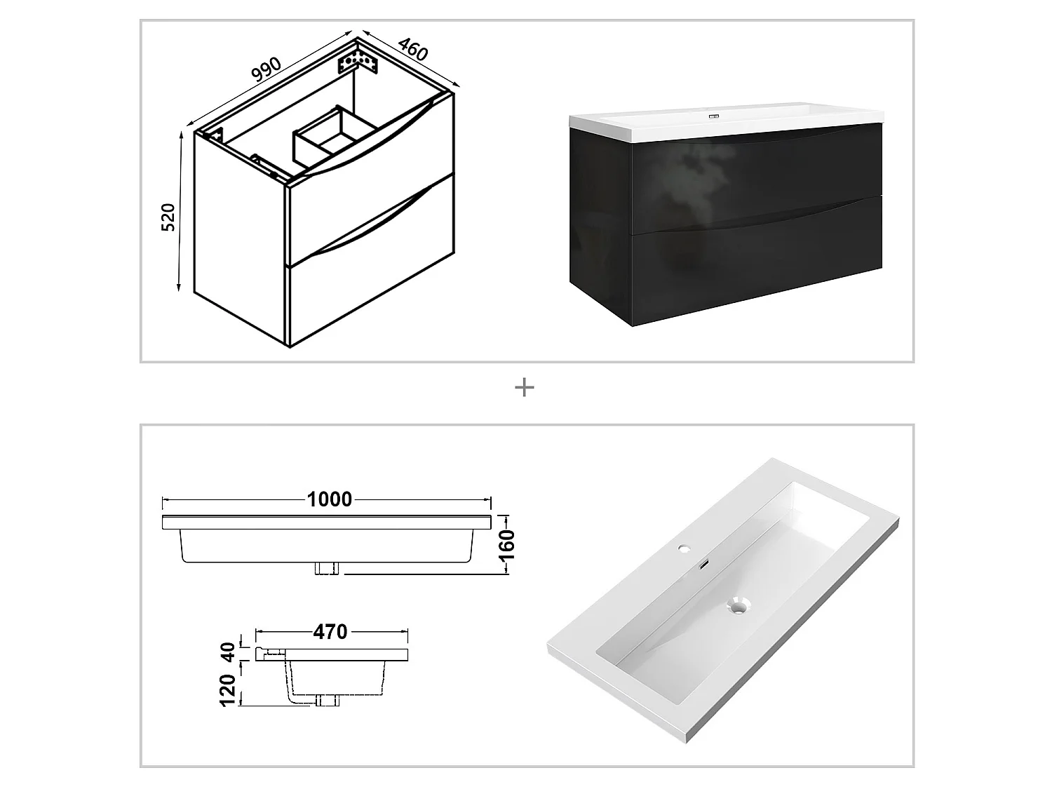 Meuble de salle de bain suspendu Brillant 100cm avec simple lavabo + 2 tiroirs, Noir