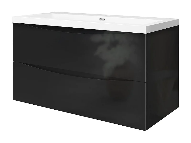 Meuble de salle de bain suspendu Brillant 100cm avec simple lavabo + 2 tiroirs, Noir