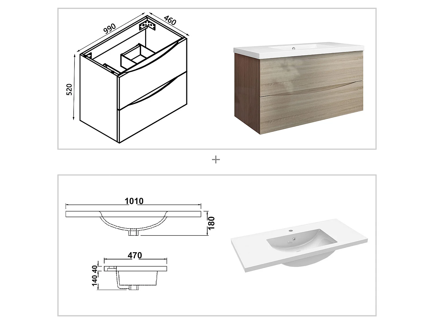 Meuble de salle de bain suspendu Brillant 100cm avec simple vasque + 2 tiroirs, Chêne