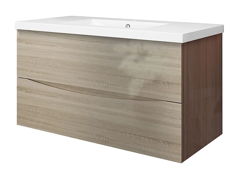 Meuble de salle de bain suspendu Brillant 100cm avec simple vasque + 2 tiroirs, Chêne