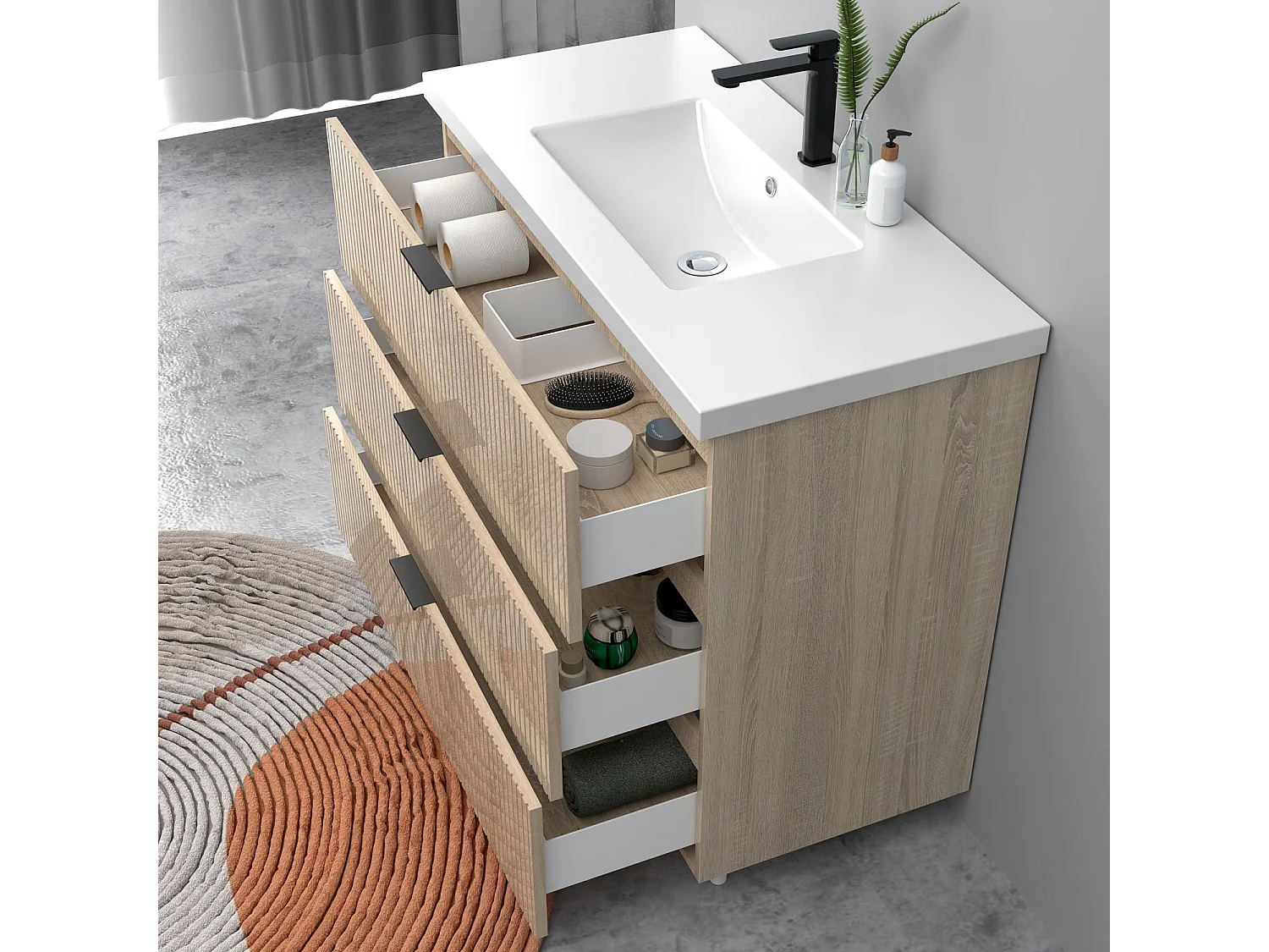 Meuble de salle de bain Strié Brillant, Meuble de sol 100cm avec simple vasque + 3 tiroirs, Chêne
