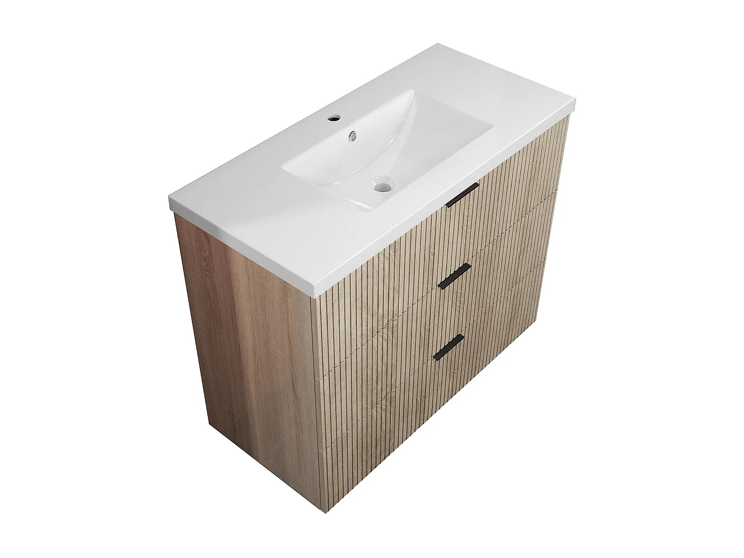 Meuble de salle de bain Strié Brillant, Meuble de sol 100cm avec simple vasque + 3 tiroirs, Chêne