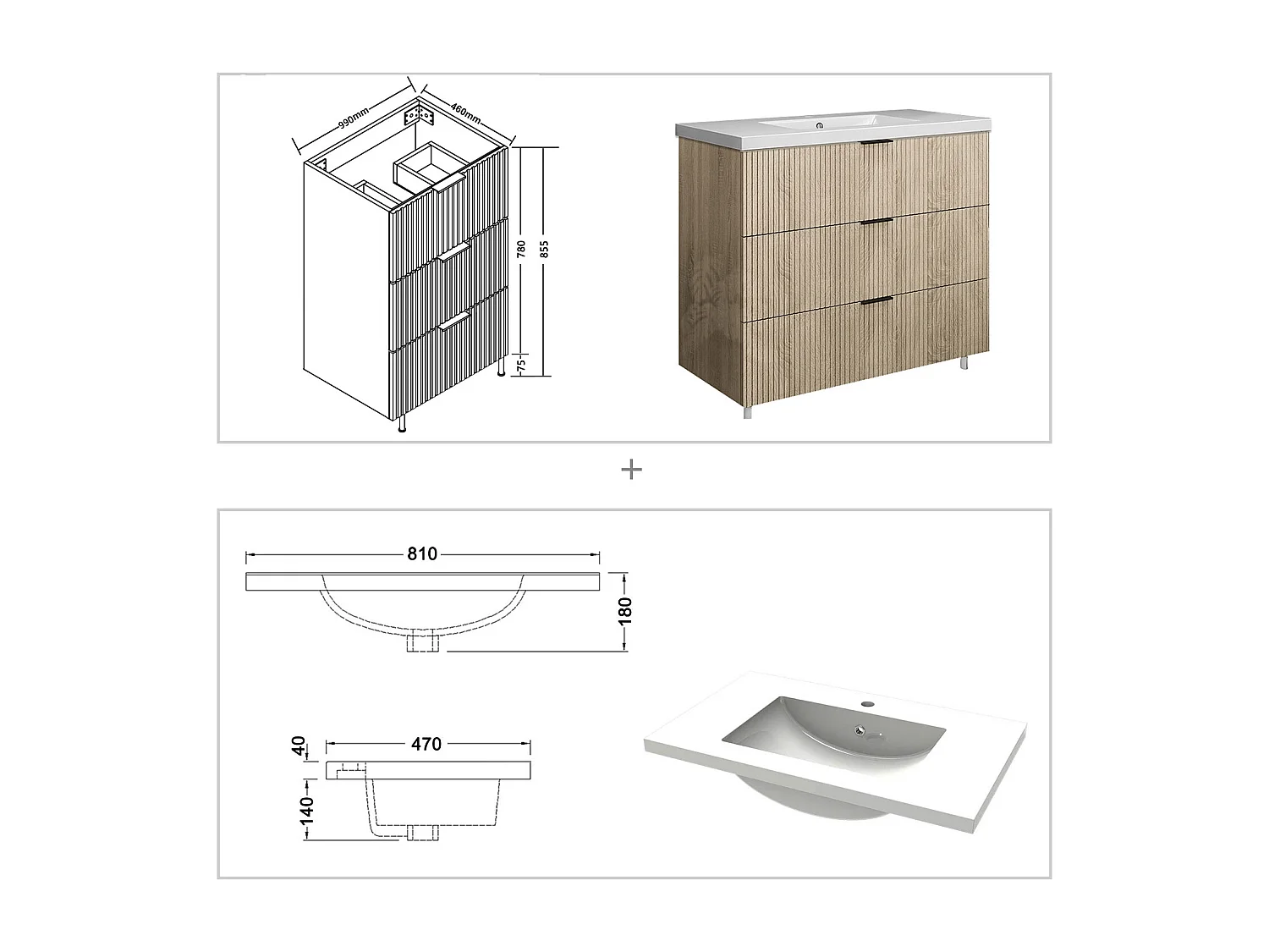 Meuble de salle de bain Strié Brillant, Meuble de sol 100cm avec simple vasque + 3 tiroirs, Chêne