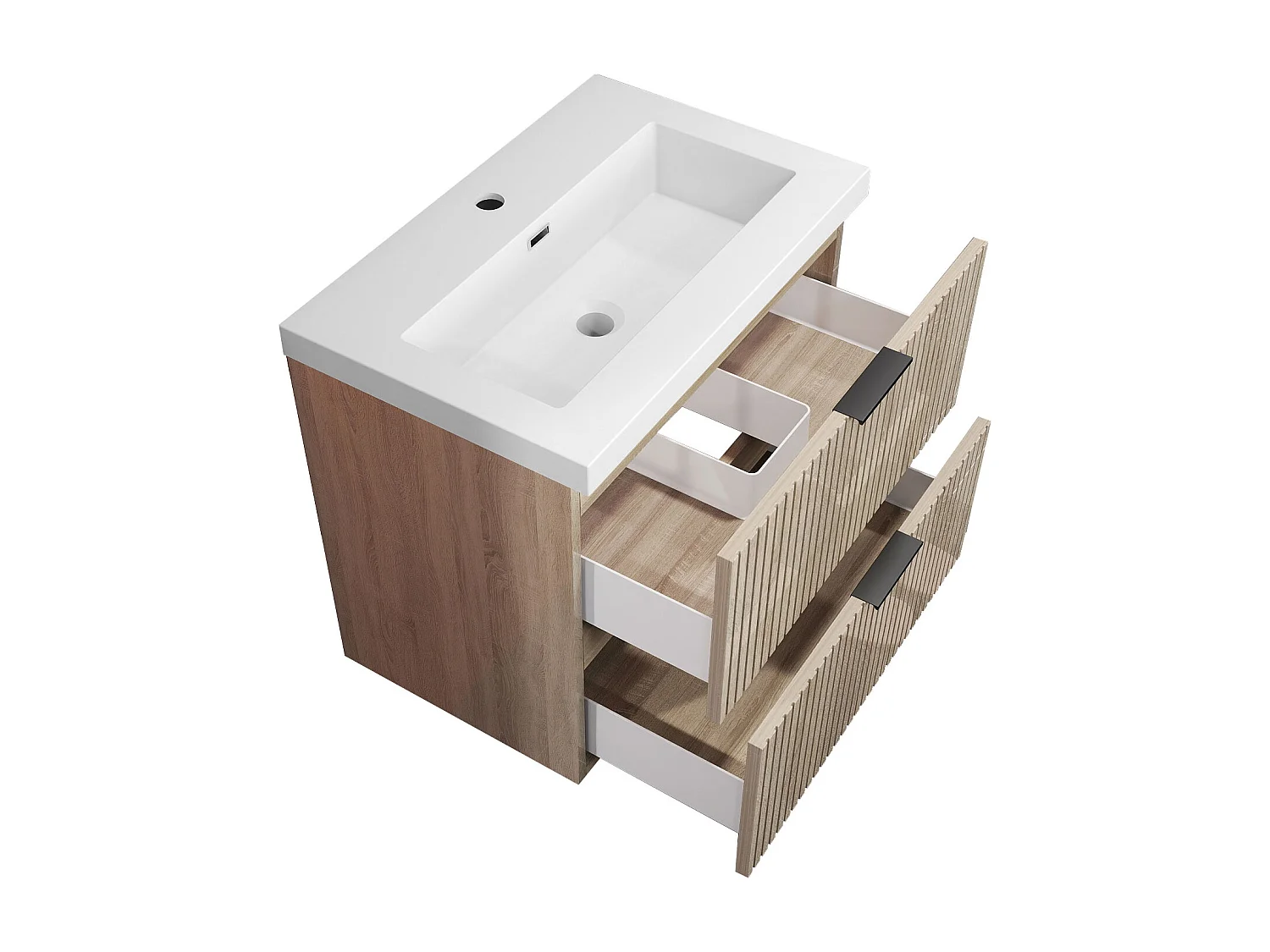 Meuble de salle de bain suspendu Strié Brillant 60cm avec simple lavabo + 2 tiroirs, Chêne