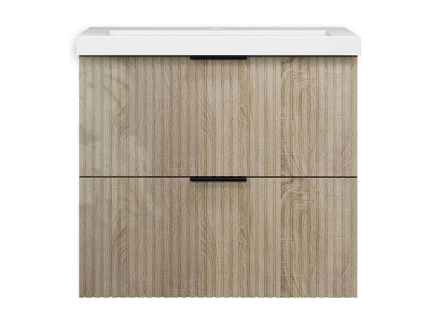 Meuble de salle de bain suspendu Strié Brillant 60cm avec simple lavabo + 2 tiroirs, Chêne