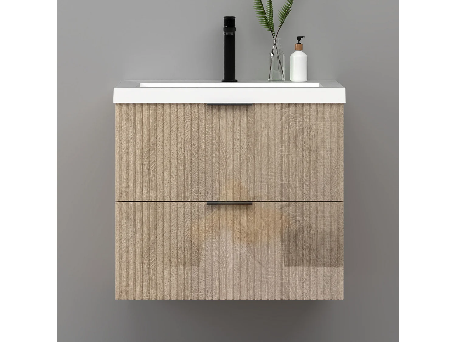 Meuble de salle de bain suspendu Strié Brillant 60cm avec simple lavabo + 2 tiroirs, Chêne