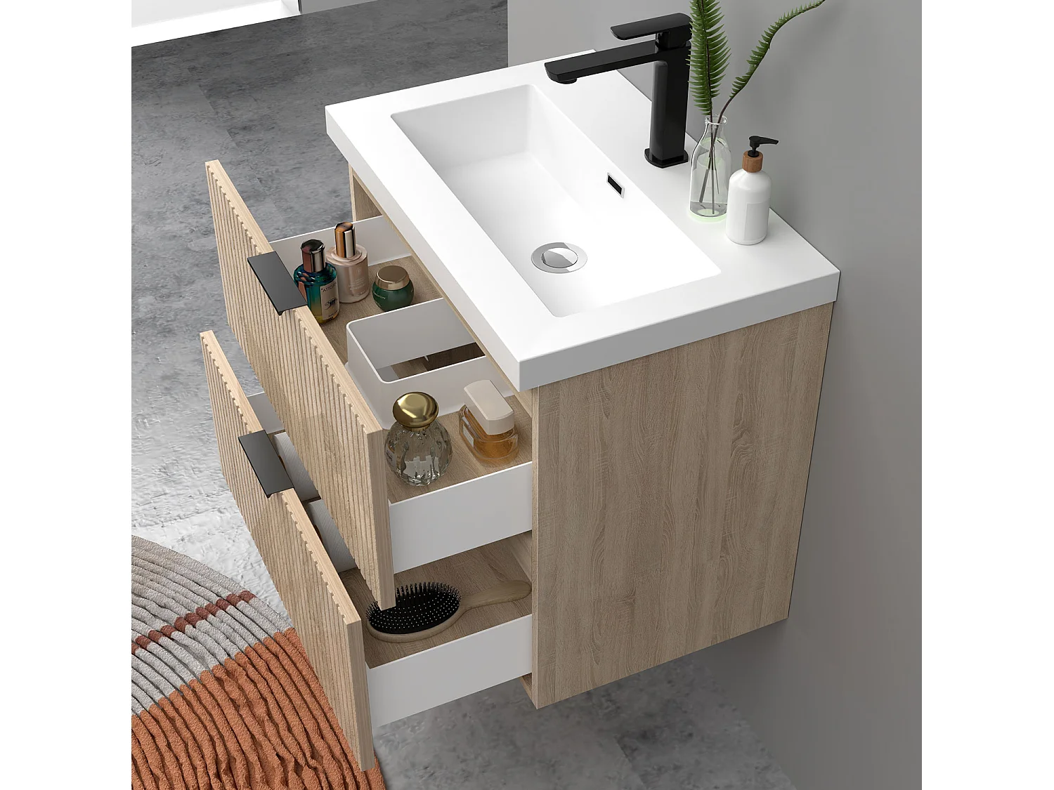 Meuble de salle de bain suspendu Strié Brillant 60cm avec simple lavabo + 2 tiroirs, Chêne
