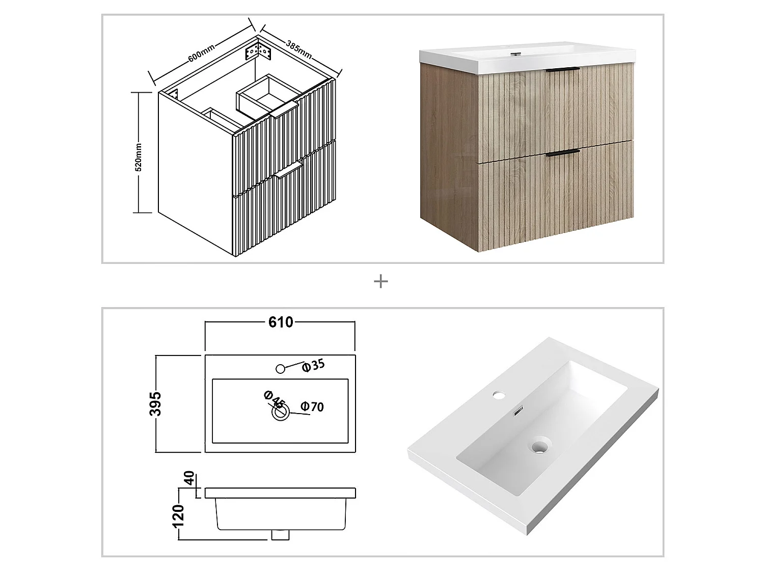 Meuble de salle de bain suspendu Strié Brillant 60cm avec simple lavabo + 2 tiroirs, Chêne