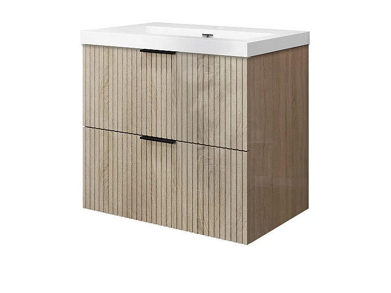 Meuble de salle de bain suspendu Strié Brillant 60cm avec simple lavabo + 2 tiroirs, Chêne