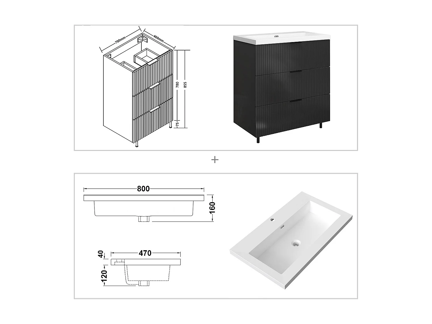 Meuble de salle de bain Strié Brillant, Meuble de sol 80cm avec simple lavabo + 3 tiroirs, Anthracite