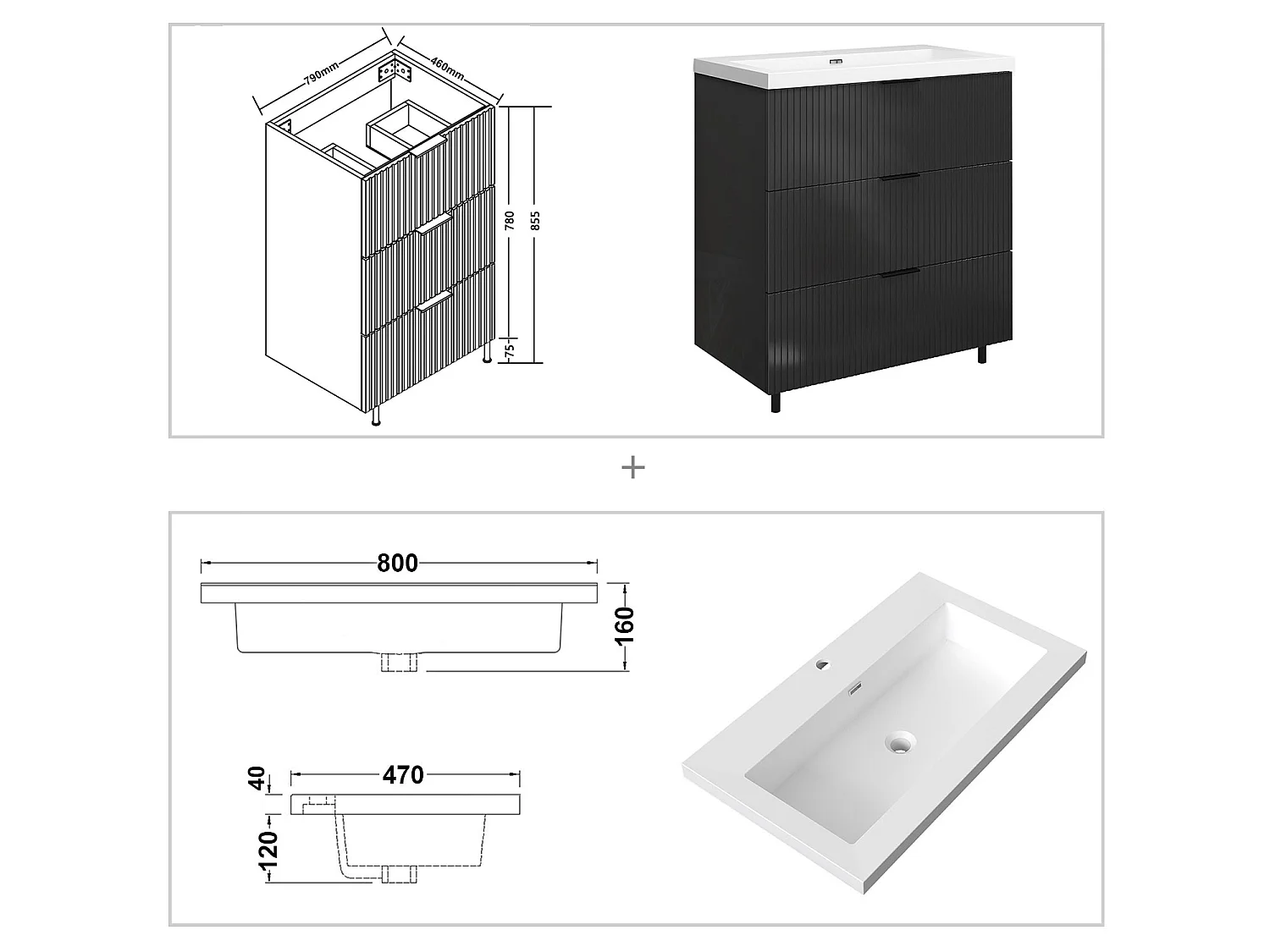 Meuble de salle de bain Strié Brillant, Meuble de sol 80cm avec simple lavabo + 3 tiroirs, Anthracite