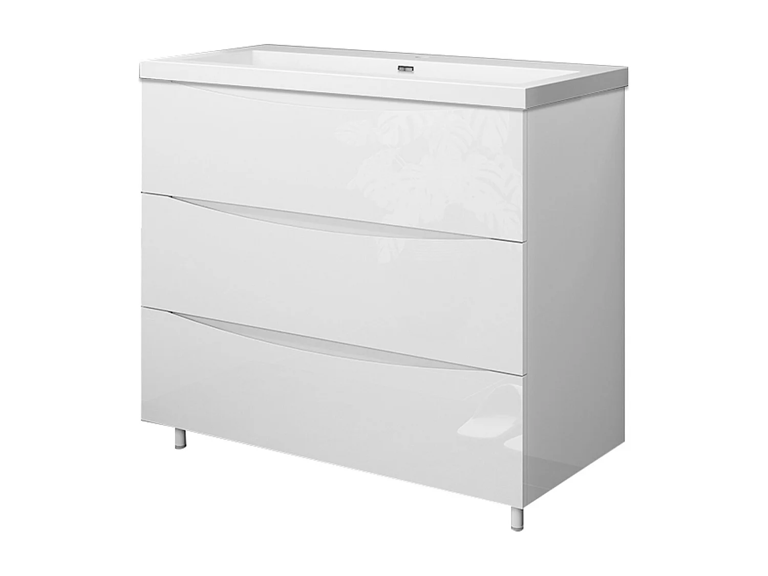 Meuble de salle de bain Brillant, Meuble de sol 100cm avec simple lavabo + 3 tiroirs, Blanc