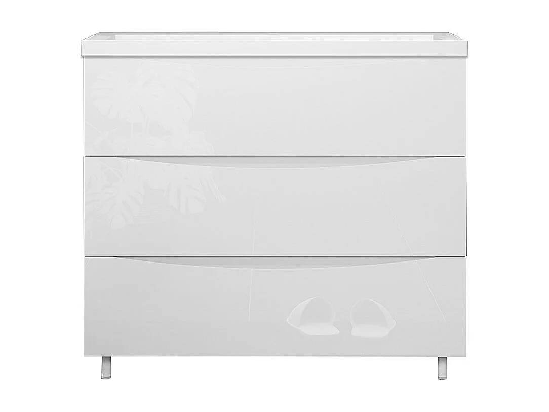 Meuble de salle de bain Brillant, Meuble de sol 100cm avec simple lavabo + 3 tiroirs, Blanc