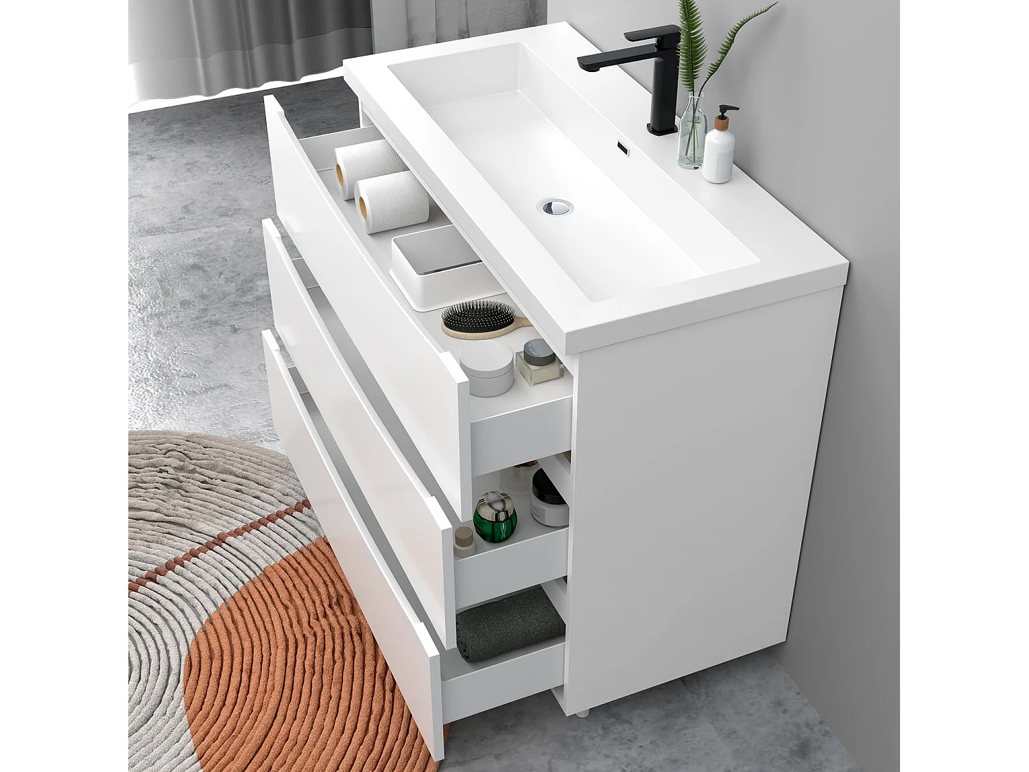 Meuble de salle de bain Brillant, Meuble de sol 100cm avec simple lavabo + 3 tiroirs, Blanc