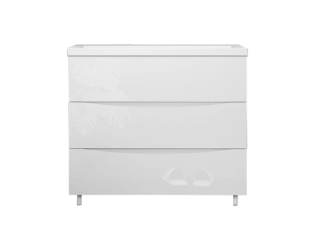 Meuble de salle de bain Brillant, Meuble de sol 100cm avec simple lavabo + 3 tiroirs, Blanc