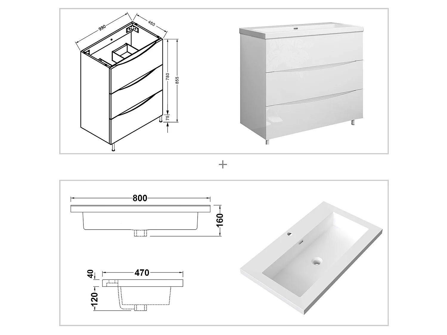 Meuble de salle de bain Brillant, Meuble de sol 100cm avec simple lavabo + 3 tiroirs, Blanc
