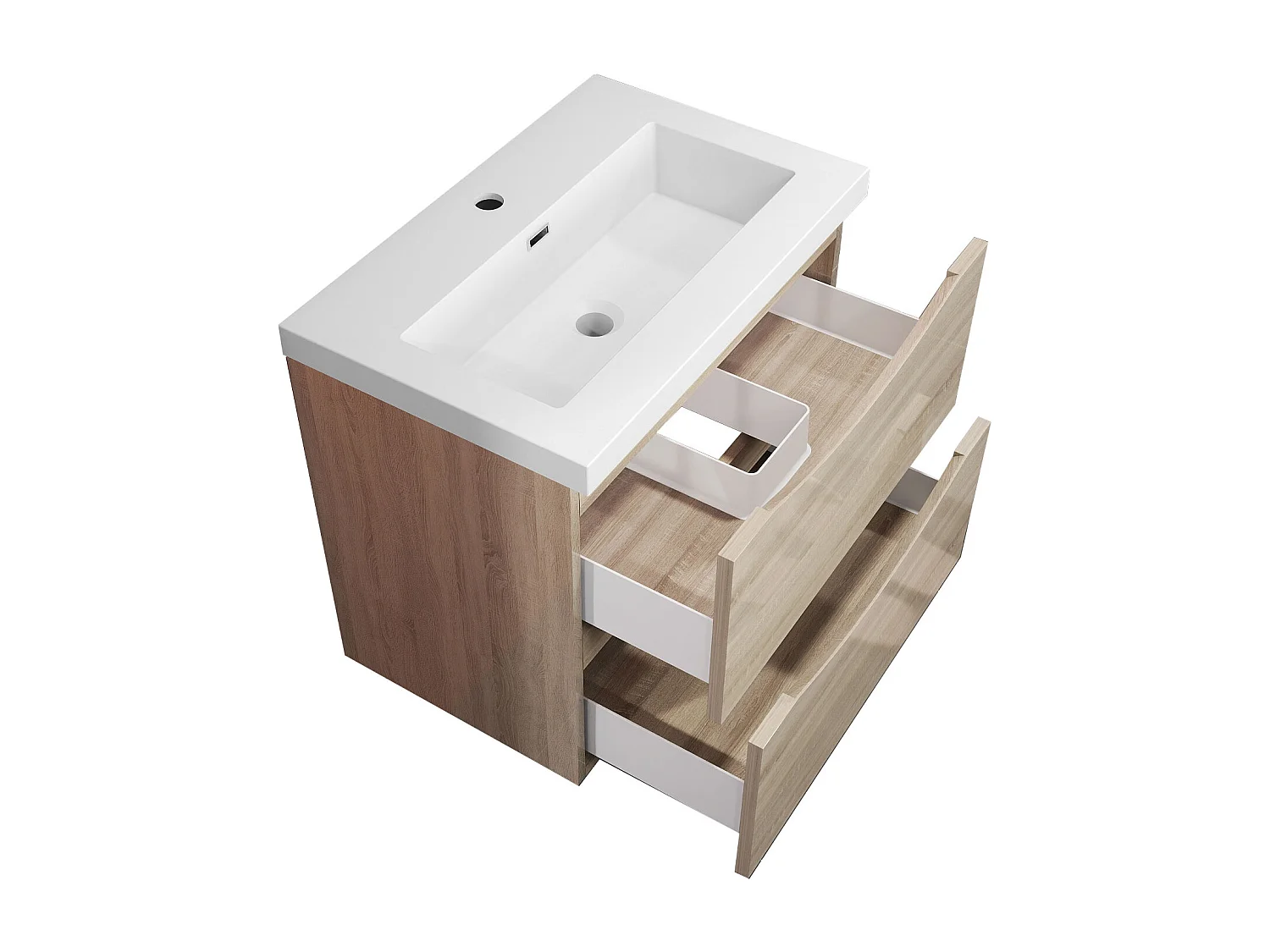 Meuble de salle de bain suspendu Brillant 60cm avec simple lavabo + 2 tiroirs, Chêne