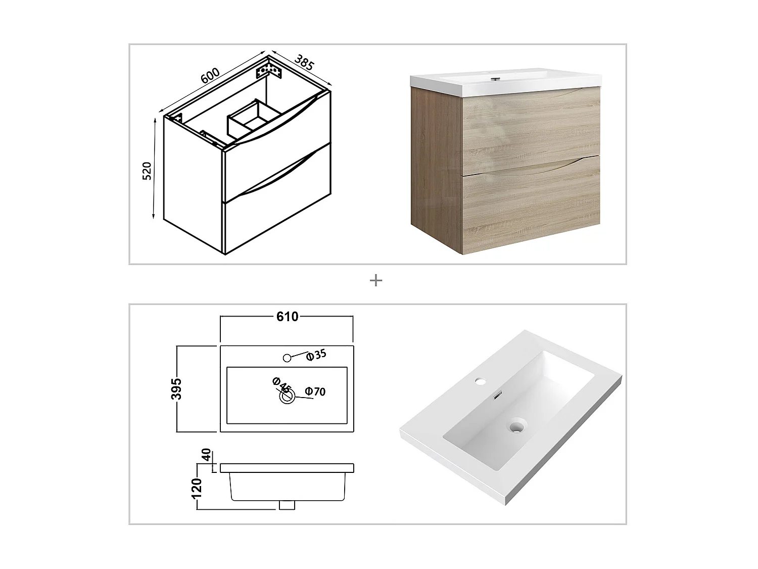 Meuble de salle de bain suspendu Brillant 60cm avec simple lavabo + 2 tiroirs, Chêne