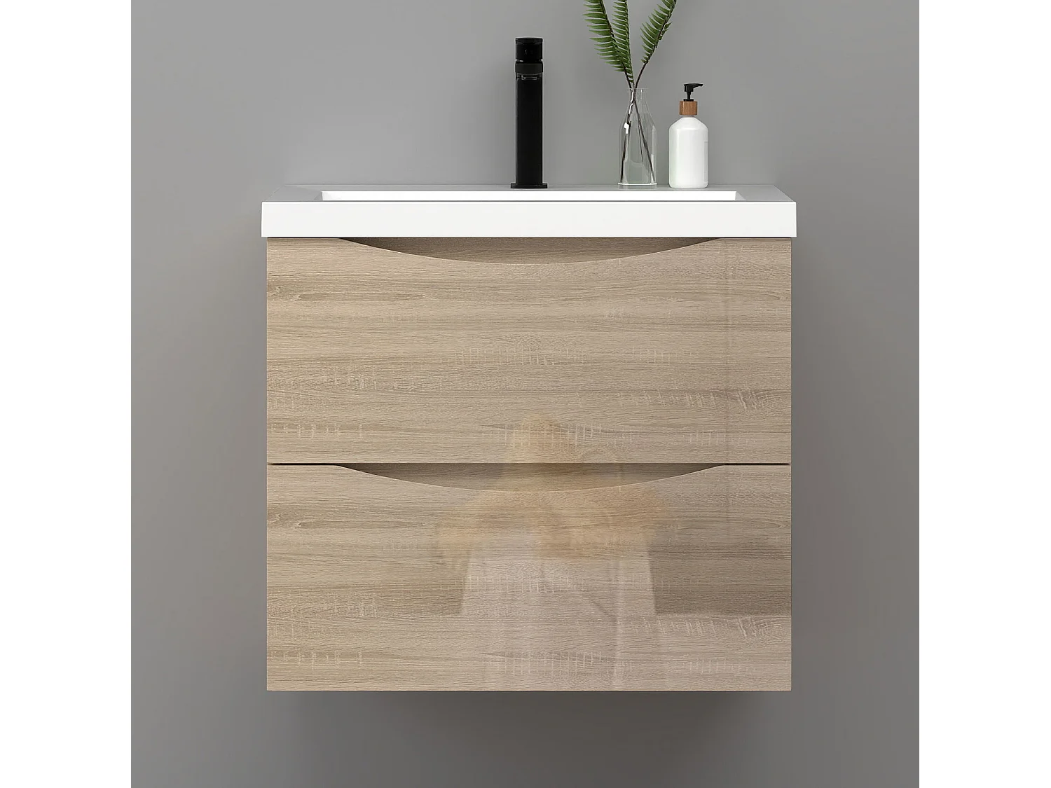 Meuble de salle de bain suspendu Brillant 60cm avec simple lavabo + 2 tiroirs, Chêne