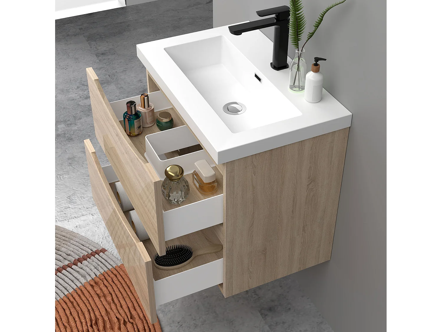 Meuble de salle de bain suspendu Brillant 60cm avec simple lavabo + 2 tiroirs, Chêne