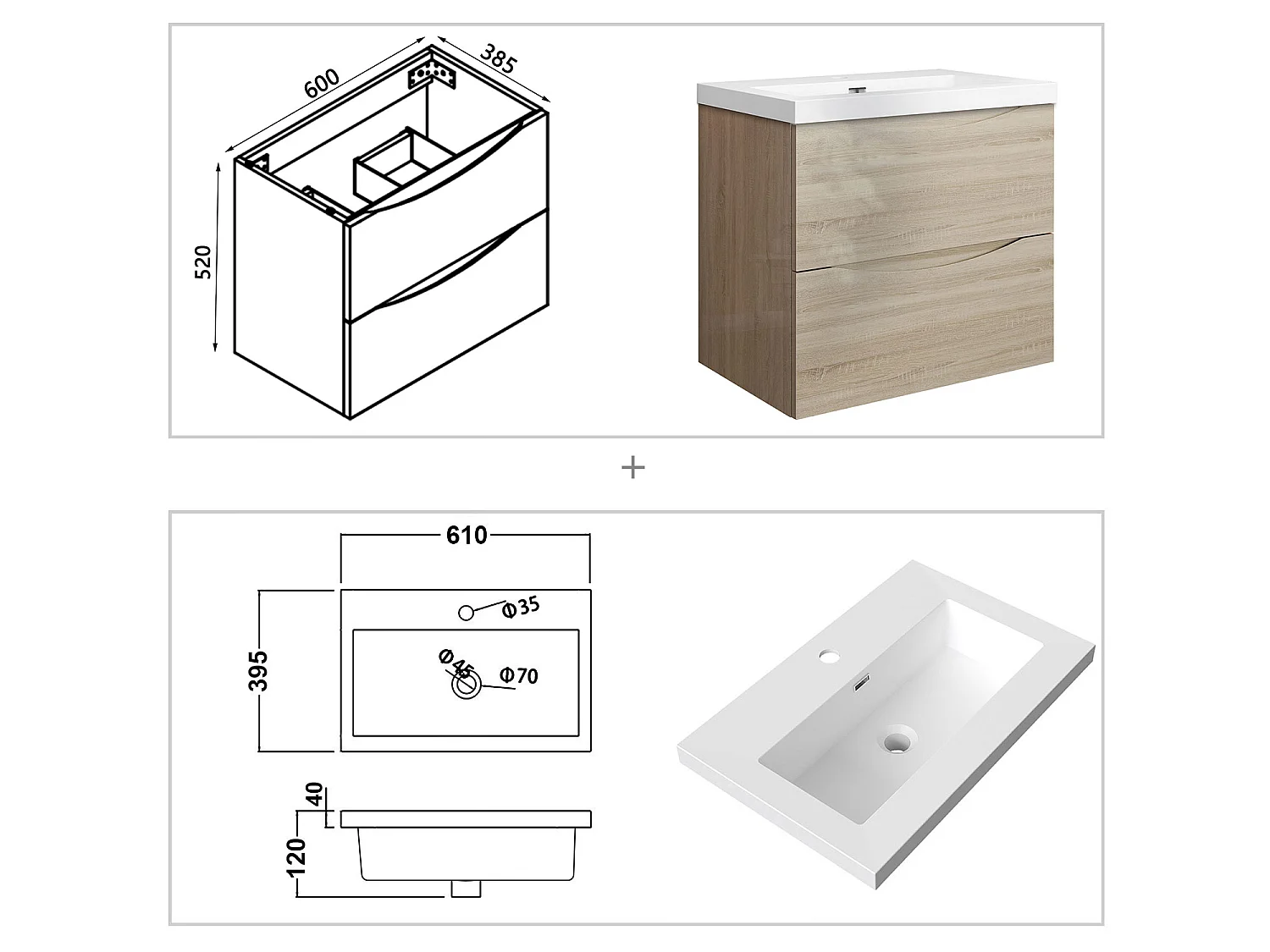 Meuble de salle de bain suspendu Brillant 60cm avec simple lavabo + 2 tiroirs, Chêne