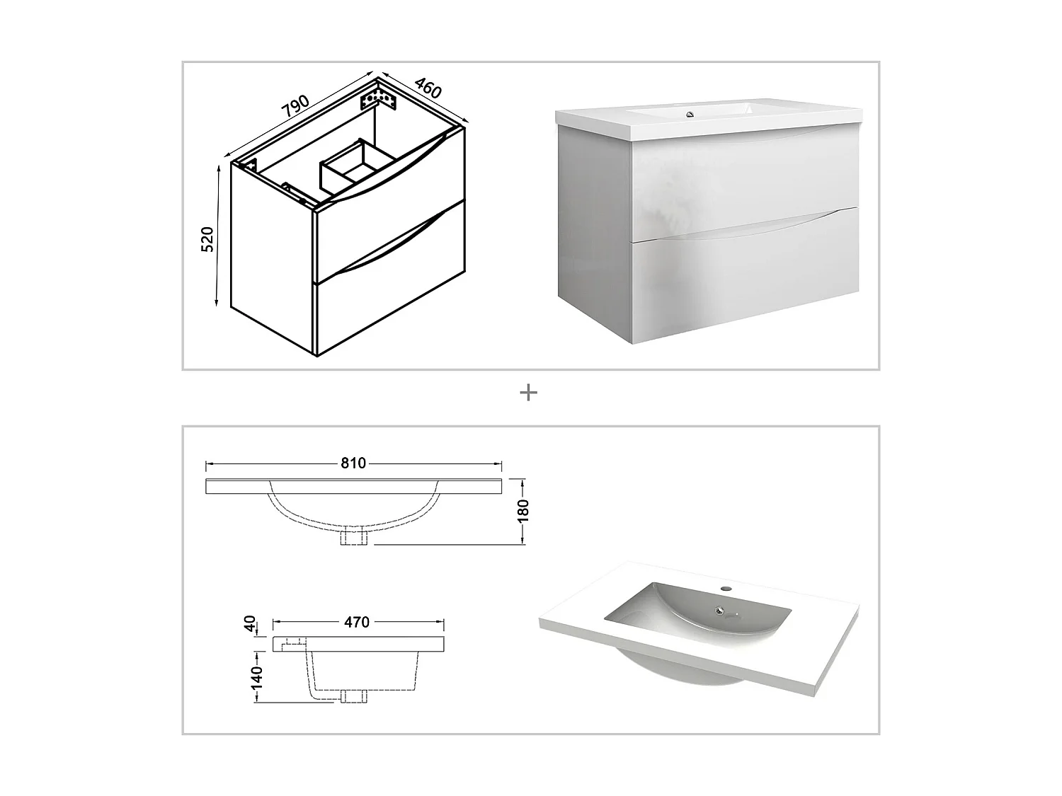 Meuble de salle de bain suspendu Brillant 80cm avec simple vasque + 2 tiroirs, Blanc