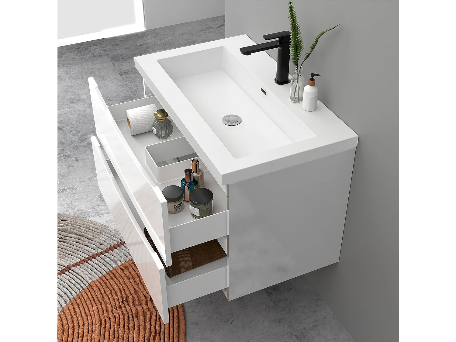 Meuble de salle de bain suspendu Brillant 80cm avec simple vasque + 2 tiroirs, Blanc