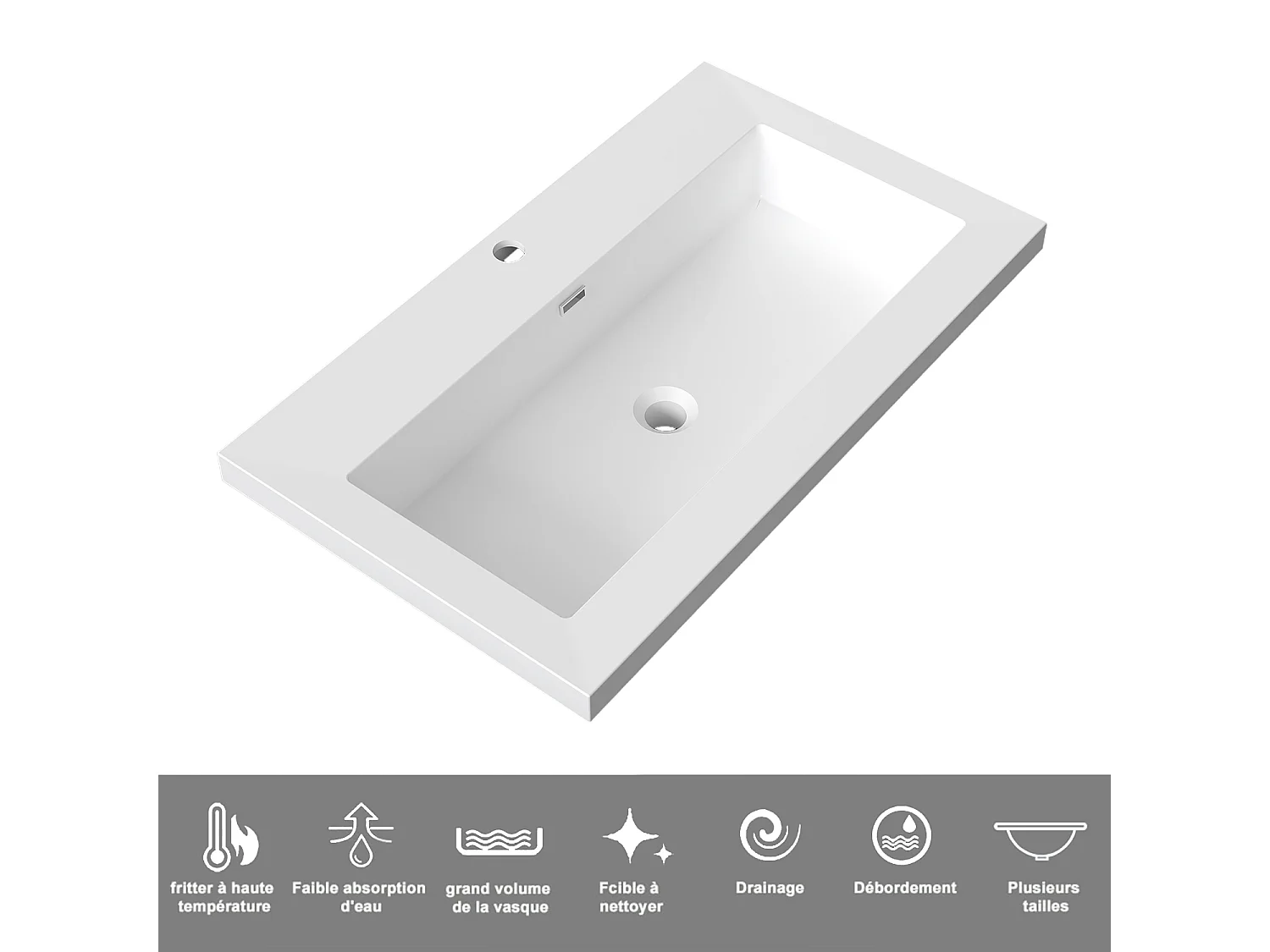Meuble de salle de bain suspendu Brillant 80cm avec simple lavabo + 2 tiroirs, Blanc