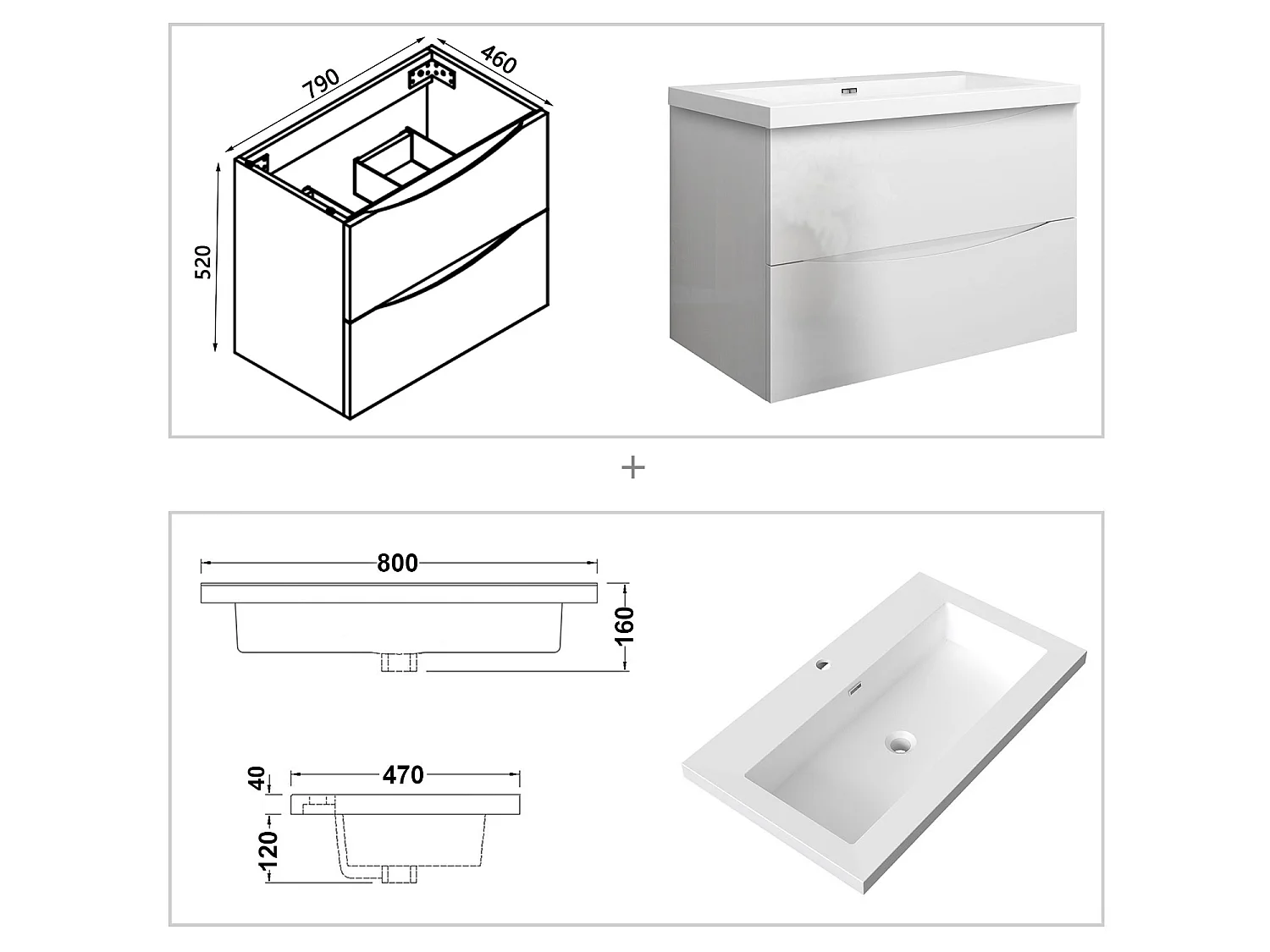 Meuble de salle de bain suspendu Brillant 80cm avec simple lavabo + 2 tiroirs, Blanc