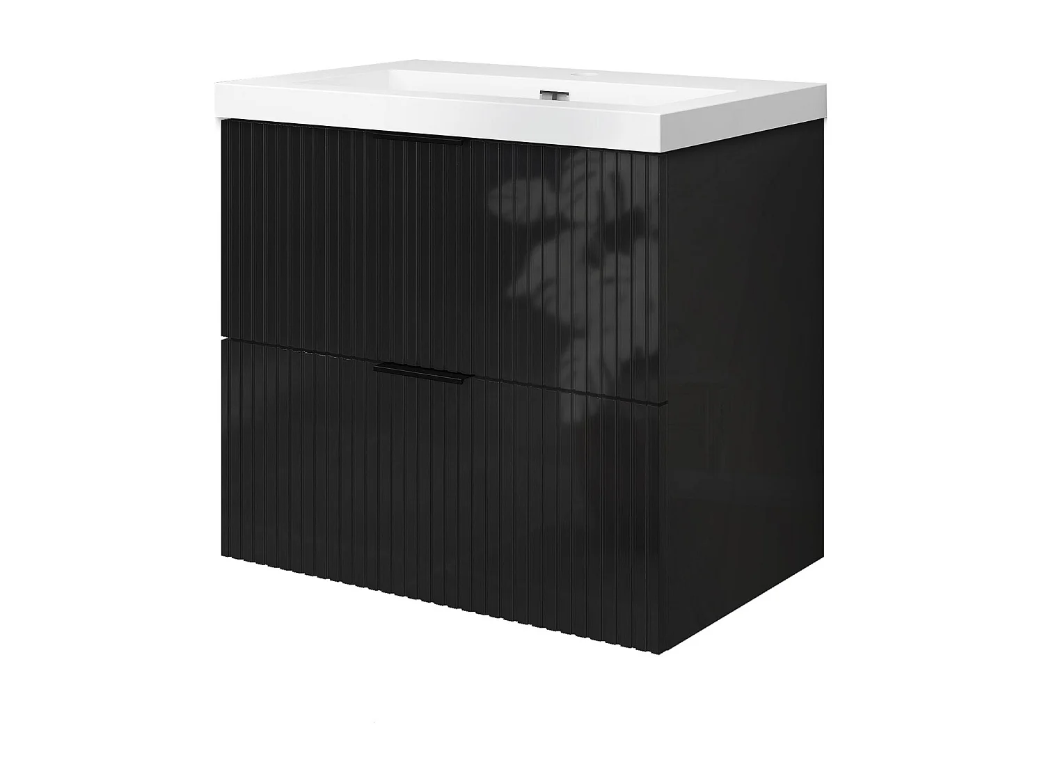 Meuble de salle de bain suspendu Strié Brillant 60cm avec simple lavabo + 2 tiroirs, Noir