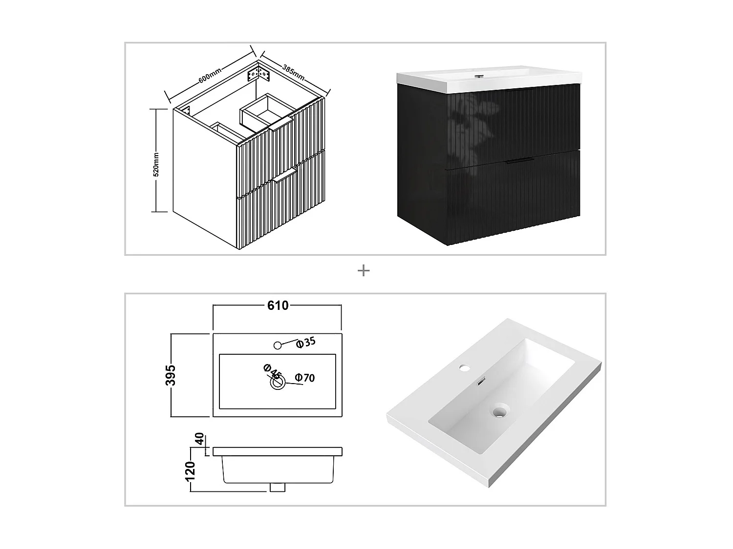 Meuble de salle de bain suspendu Strié Brillant 60cm avec simple lavabo + 2 tiroirs, Noir