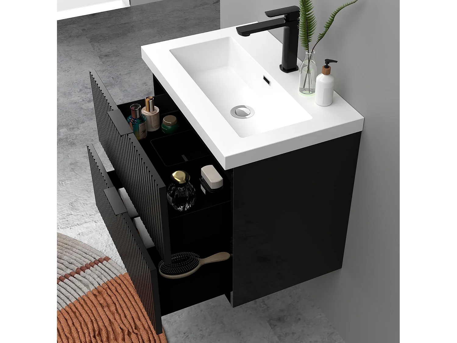 Meuble de salle de bain suspendu Strié Brillant 60cm avec simple lavabo + 2 tiroirs, Noir