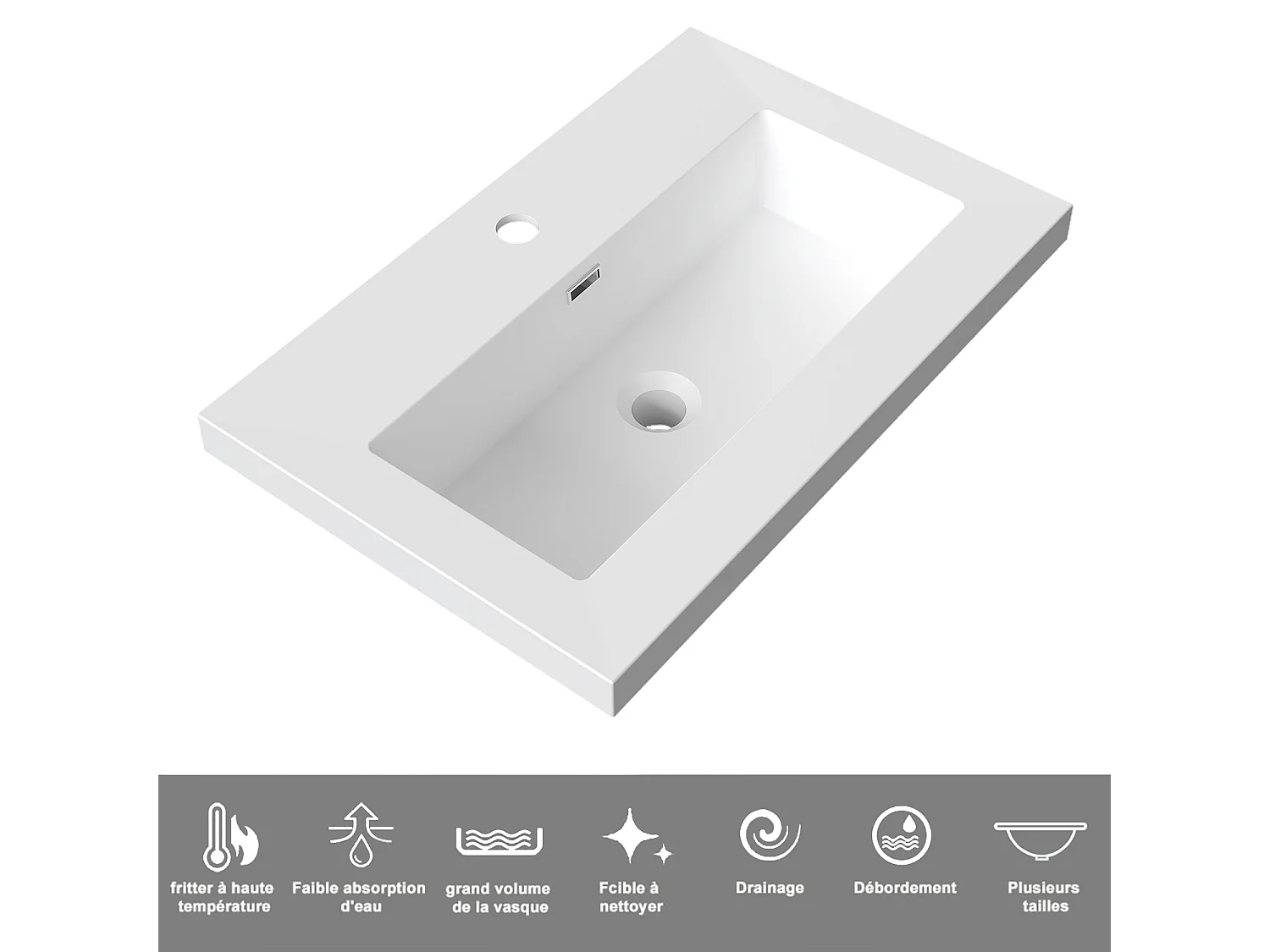 Meuble de salle de bain suspendu Strié Brillant 60cm avec simple lavabo + 2 tiroirs, Noir
