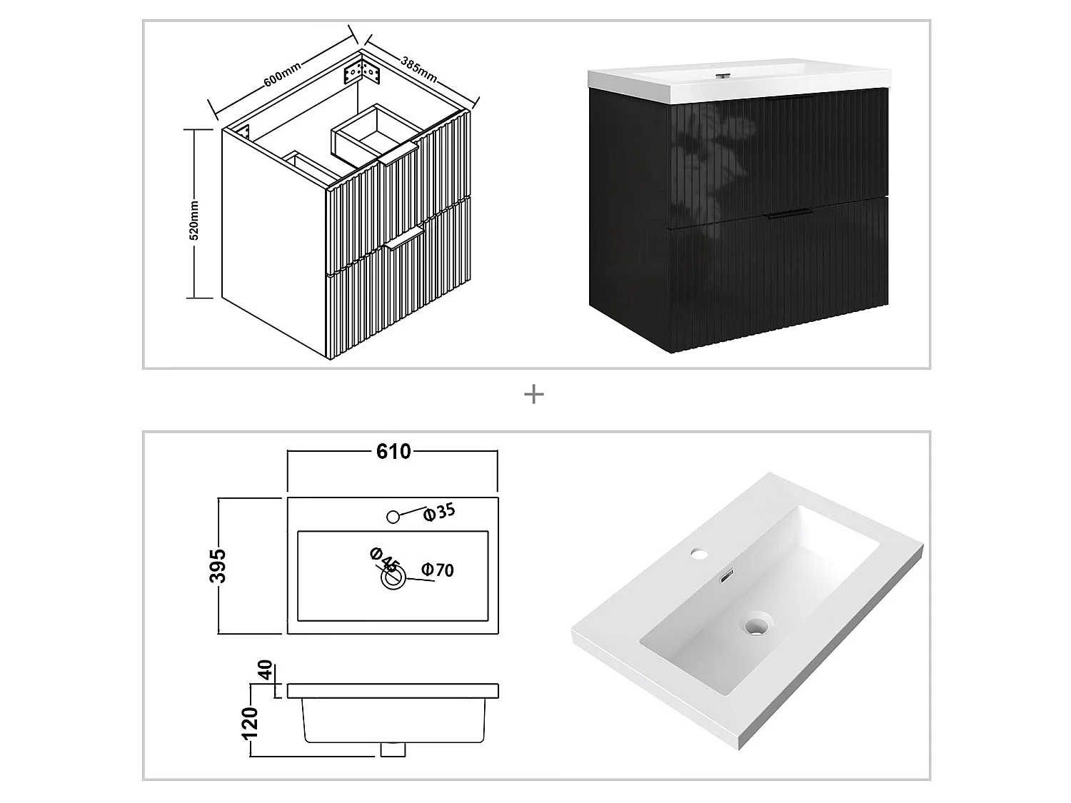 Meuble de salle de bain suspendu Strié Brillant 60cm avec simple lavabo + 2 tiroirs, Noir