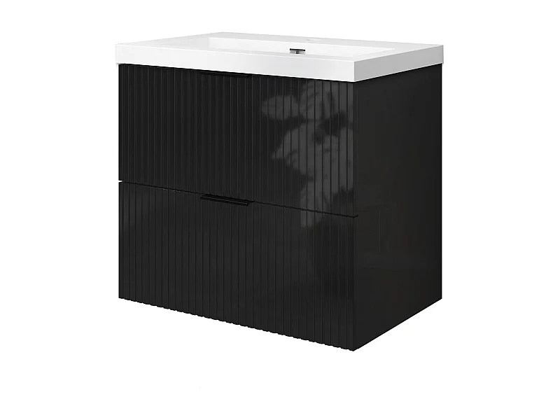 Meuble de salle de bain suspendu Strié Brillant 60cm avec simple lavabo + 2 tiroirs, Noir