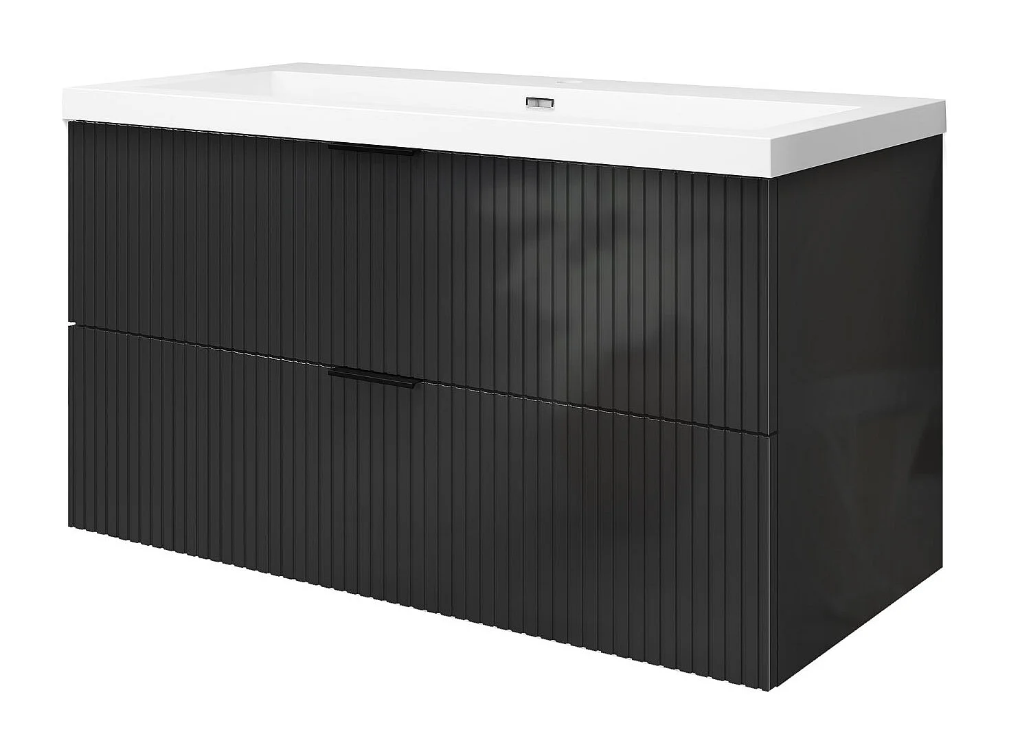 Meuble de salle de bain suspendu Strié Brillant 100cm avec simple lavabo + 2 tiroirs, Noir