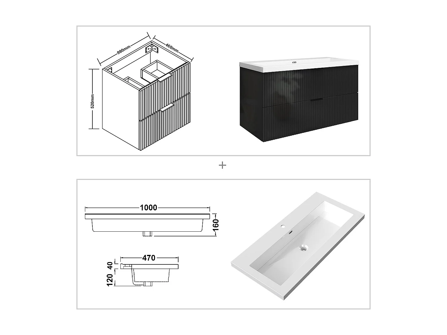 Meuble de salle de bain suspendu Strié Brillant 100cm avec simple lavabo + 2 tiroirs, Noir