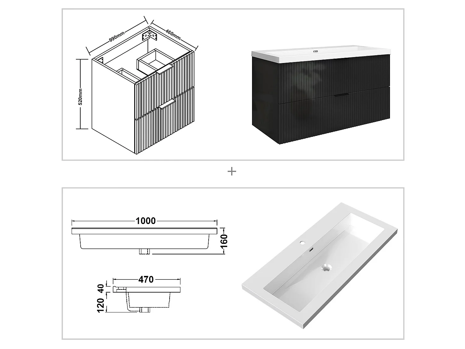 Meuble de salle de bain suspendu Strié Brillant 100cm avec simple lavabo + 2 tiroirs, Noir