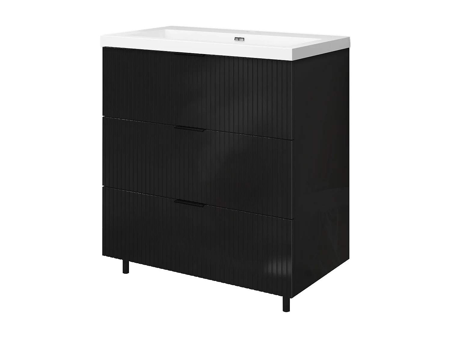 Meuble de salle de bain Strié Brillant, Meuble de sol 80cm avec simple lavabo + 3 tiroirs, Noir