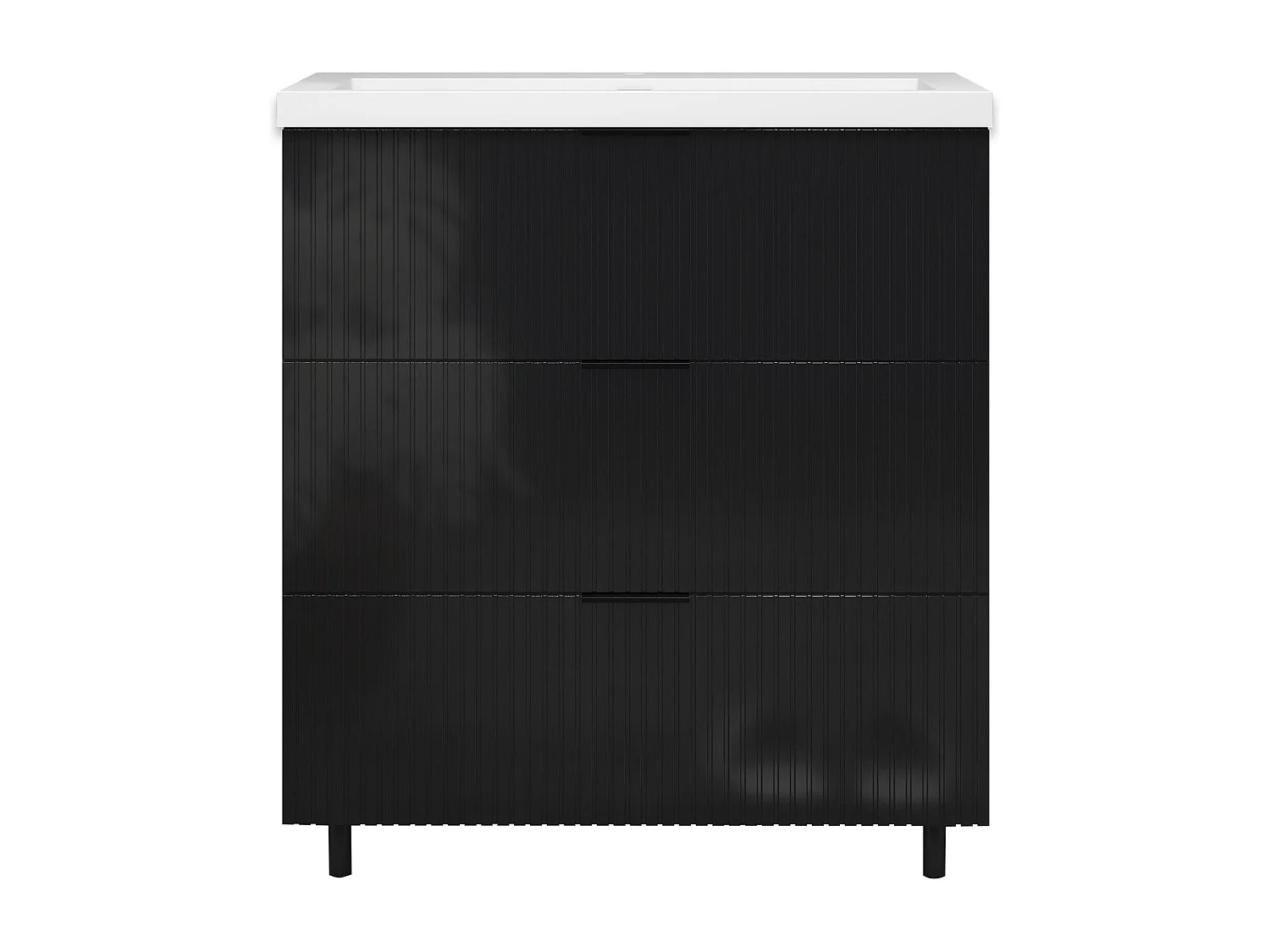 Meuble de salle de bain Strié Brillant, Meuble de sol 80cm avec simple lavabo + 3 tiroirs, Noir