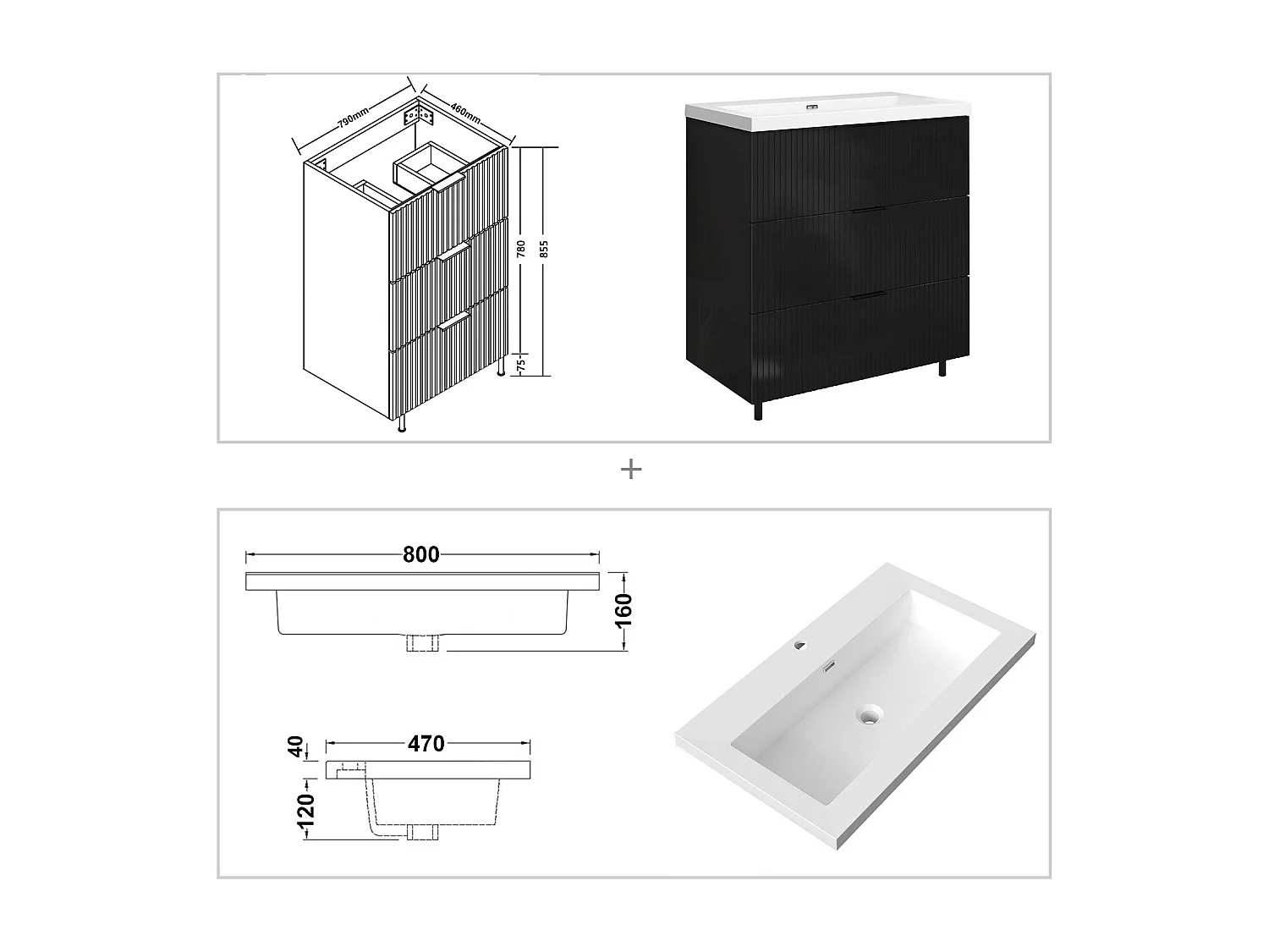 Meuble de salle de bain Strié Brillant, Meuble de sol 80cm avec simple lavabo + 3 tiroirs, Noir