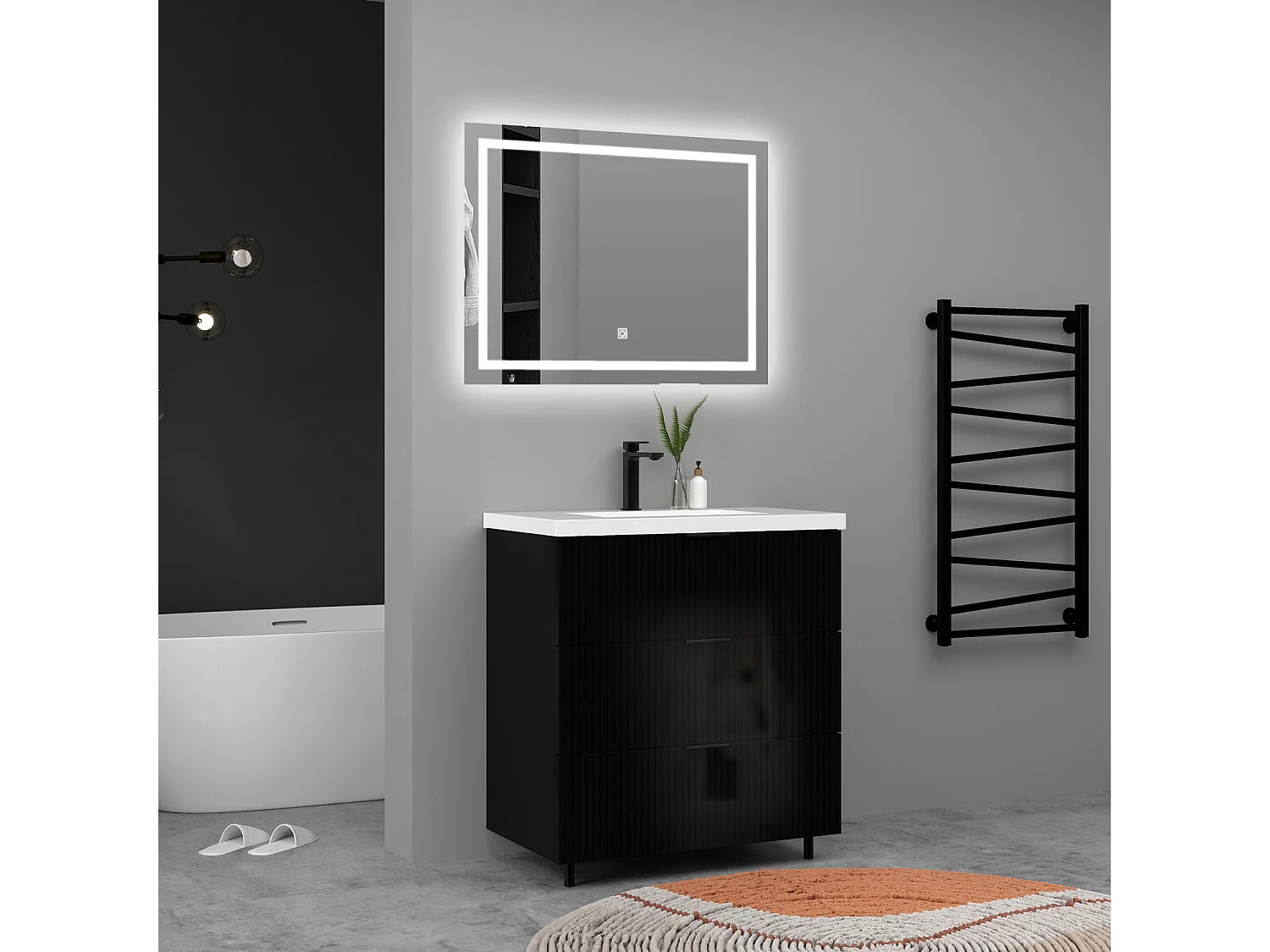 Meuble de salle de bain Strié Brillant, Meuble de sol 80cm avec simple lavabo + 3 tiroirs, Noir