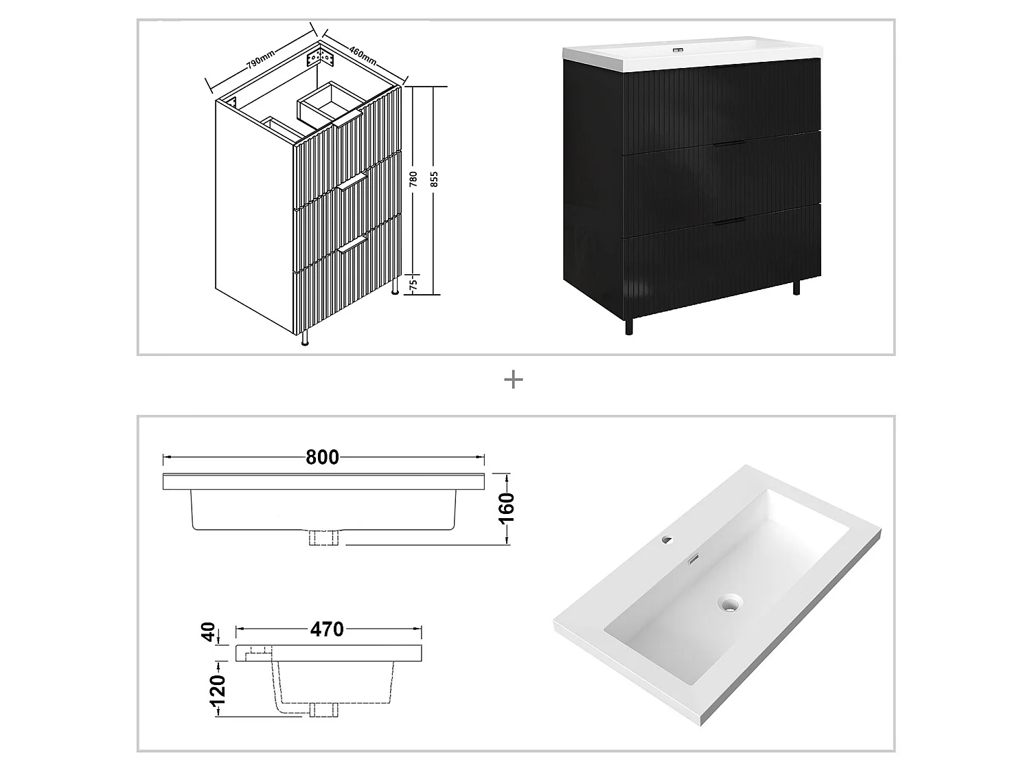 Meuble de salle de bain Strié Brillant, Meuble de sol 80cm avec simple lavabo + 3 tiroirs, Noir