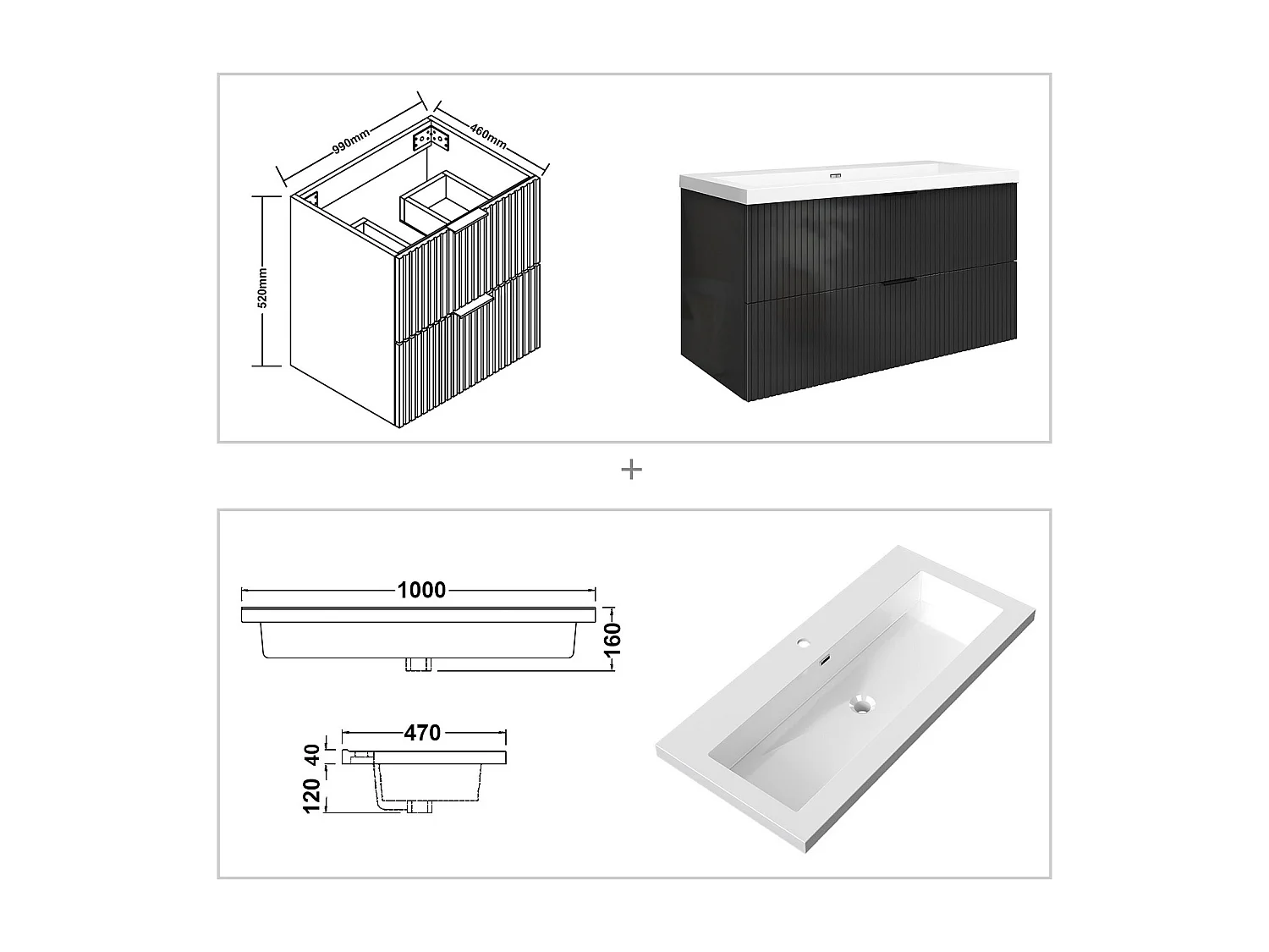 Meuble de salle de bain suspendu Strié Brillant 100cm avec simple lavabo + 2 tiroirs, Anthracite