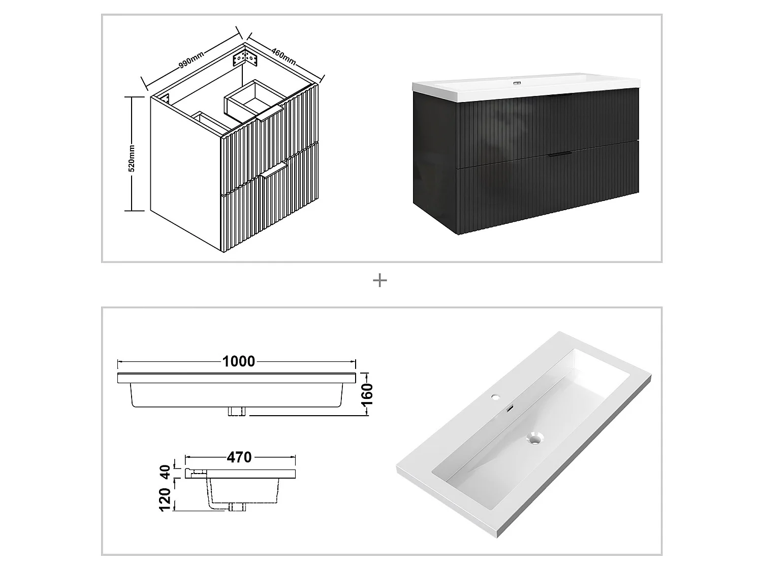 Meuble de salle de bain suspendu Strié Brillant 100cm avec simple lavabo + 2 tiroirs, Anthracite