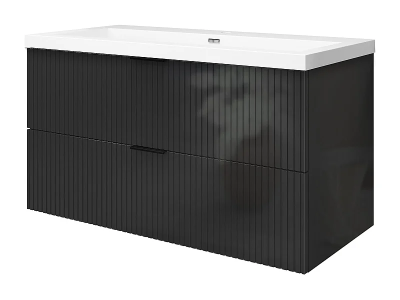 Meuble de salle de bain suspendu Strié Brillant 100cm avec simple lavabo + 2 tiroirs, Anthracite