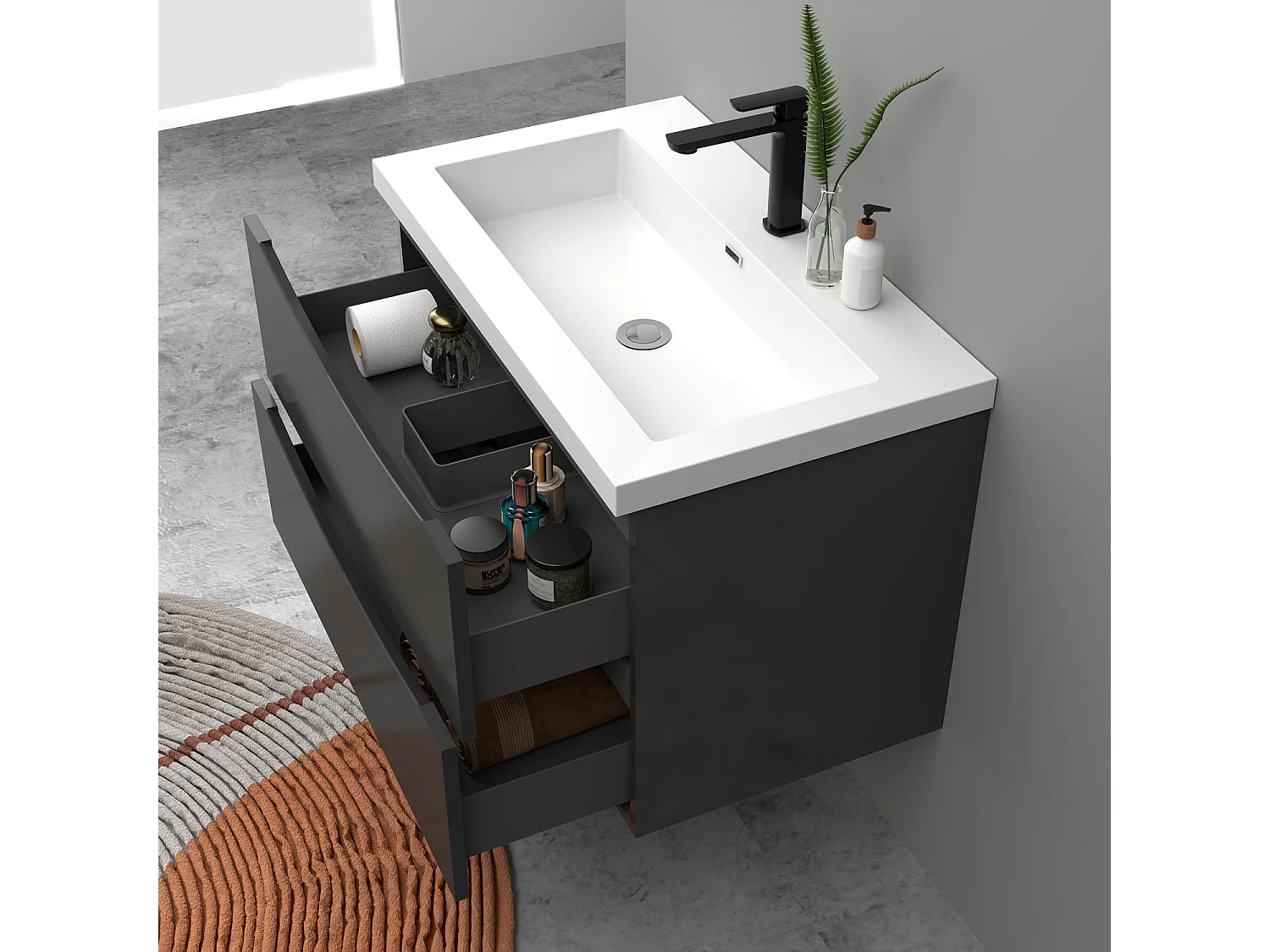 Meuble de salle de bain suspendu Brillant 80cm avec simple lavabo + 2 tiroirs, Anthracite